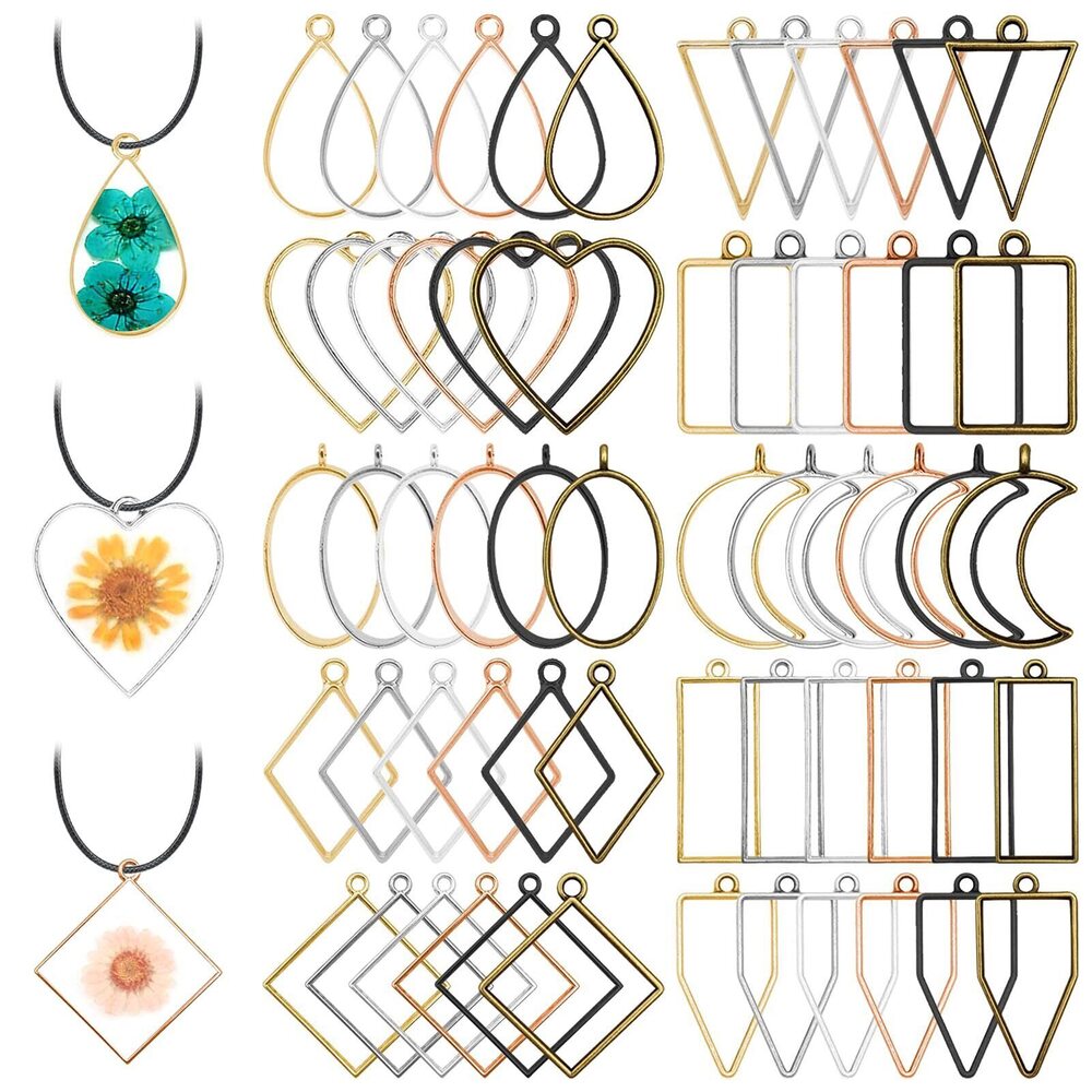 4915 60Pcs Open Back Bezels Pendants,10 Styles Hollow Frame Pendants